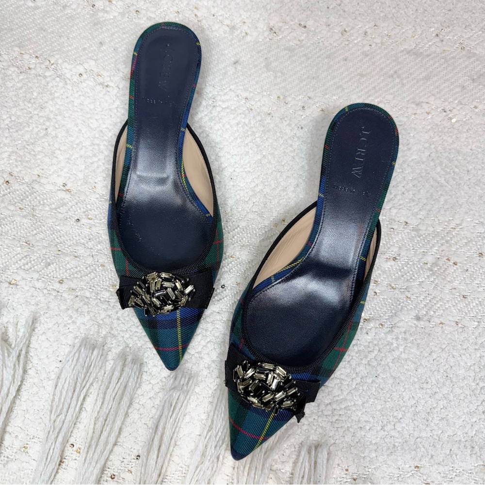 J.Crew blue plaid pointed toe rhinestone kitten heel mules - size 8 1/2 NWOT